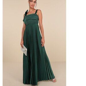 Lulus Gorgeous Purpose Emerald Green Pleated Bow Maxi Dress Size Medium New NWT